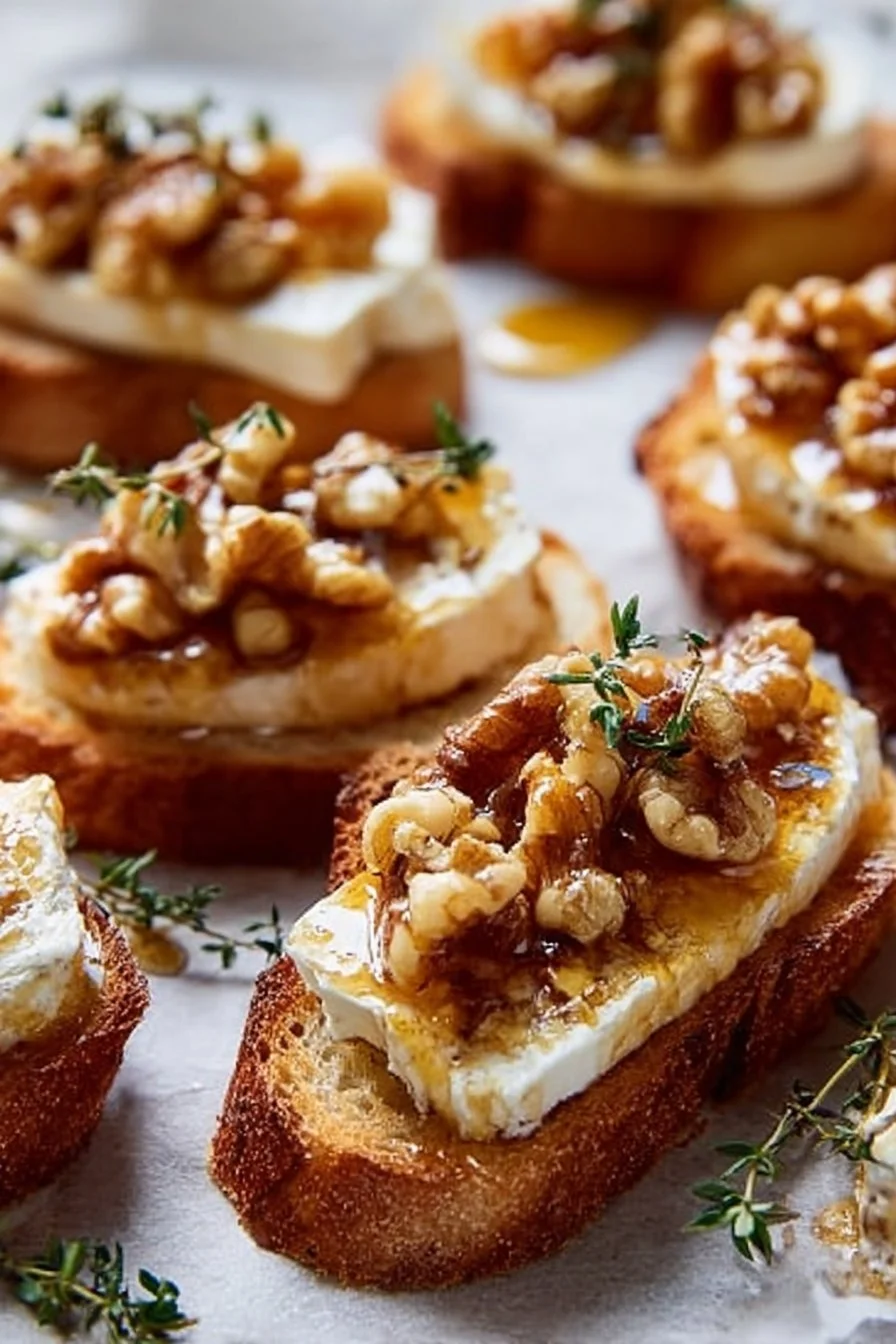 Crostini avec brie, miel et noix, une délicieuse apéritif chic.