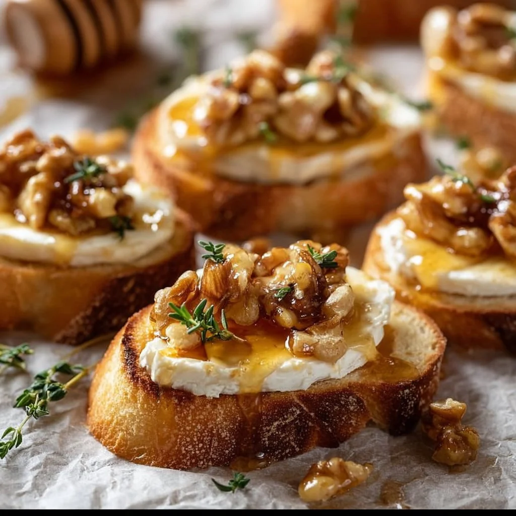 Crostini au brie, miel et noix, délicieux apéritif.