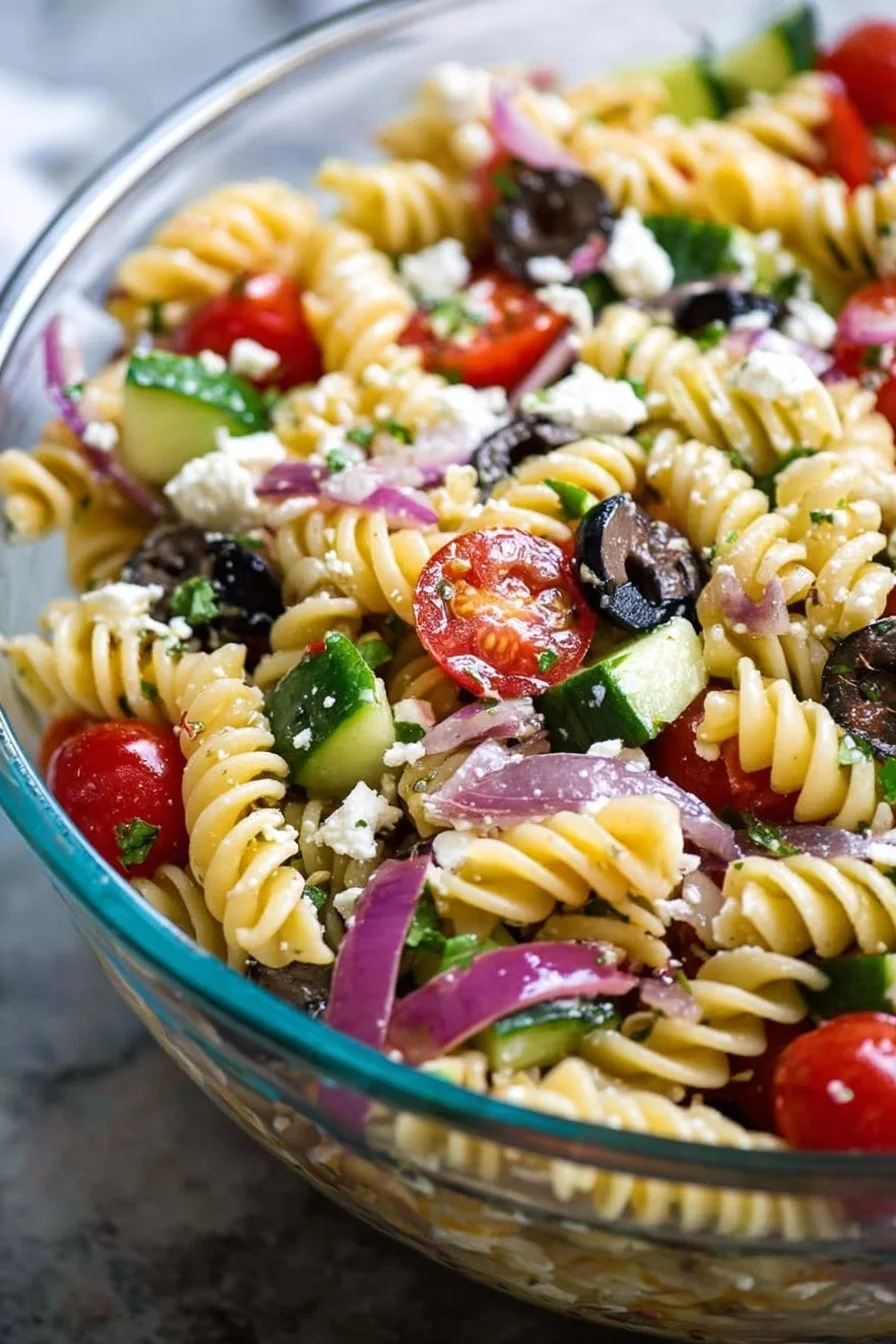 Recette de salade de pâtes grecques avec légumes frais et feta.