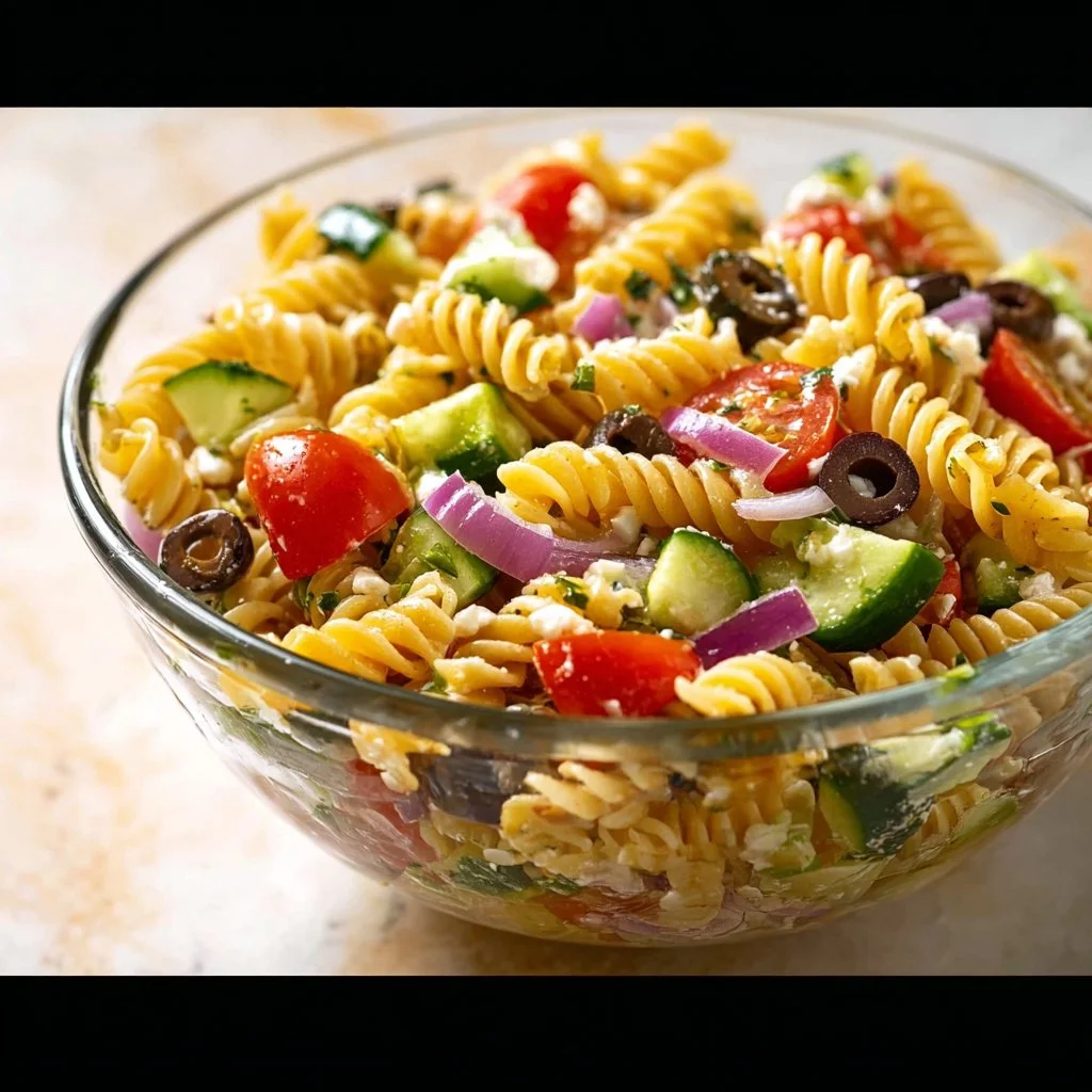 Recette colorée de salade de pâtes grecques avec légumes frais et feta