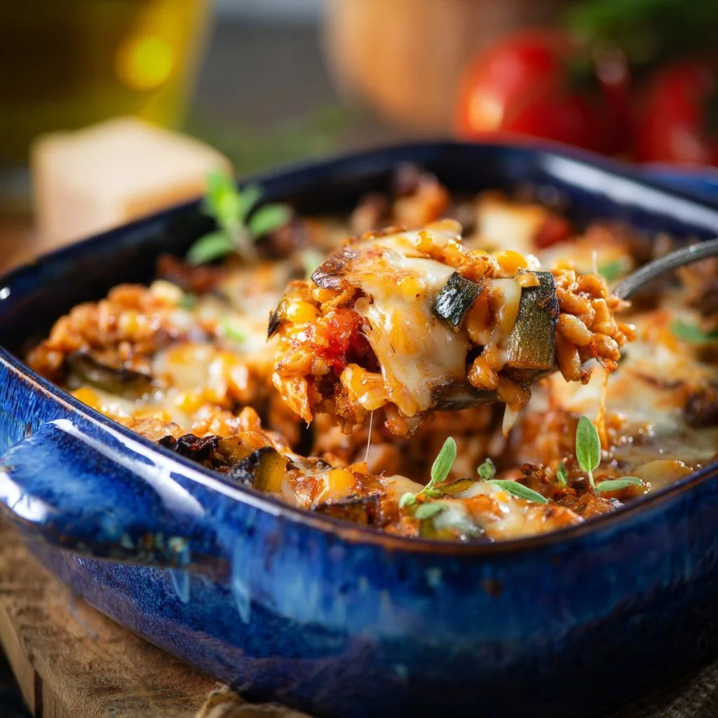 Gratin de crozets d'été aux aubergines prêt à être dégusté.