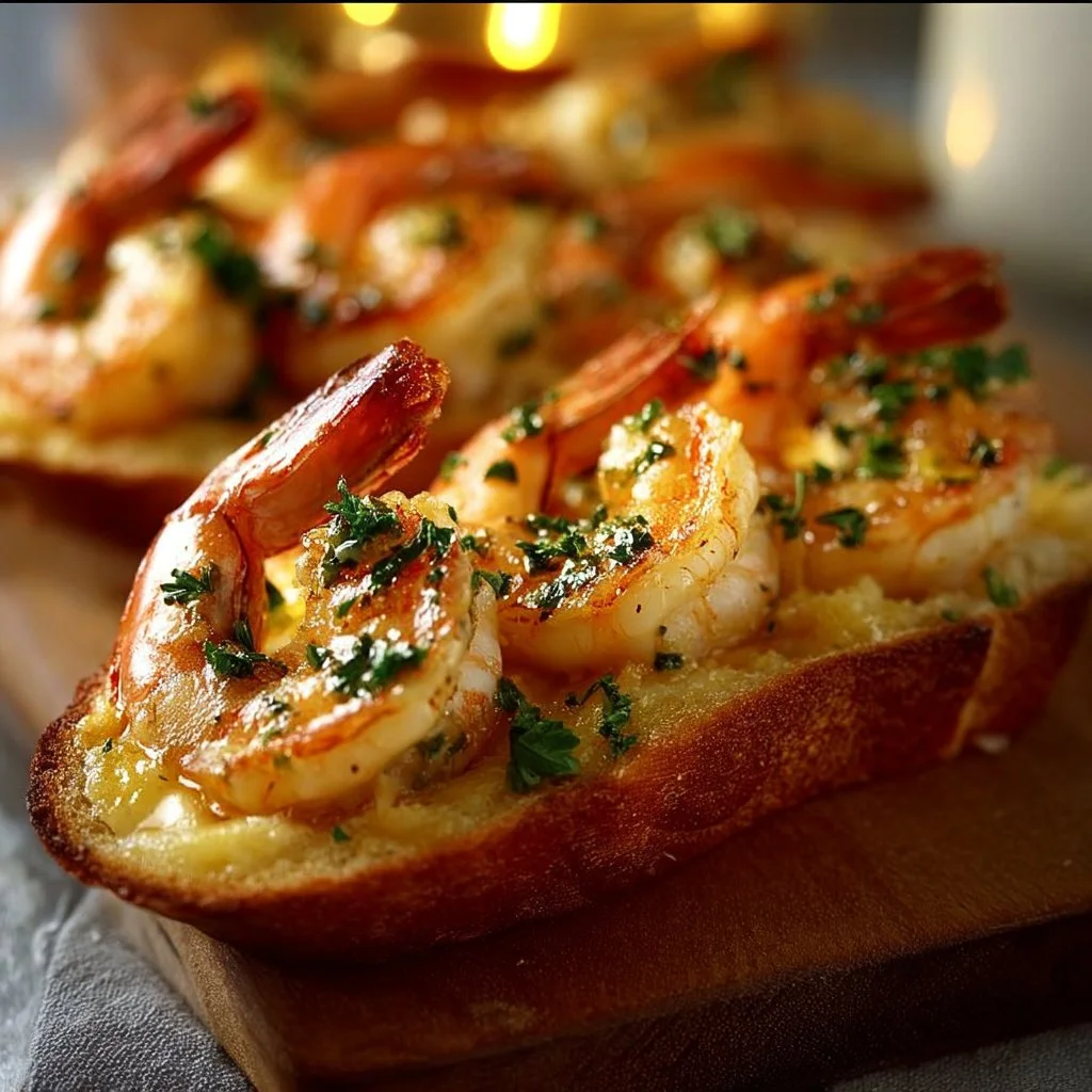 Crevettes grillées sur pain à l'ail avec du fromage fondu