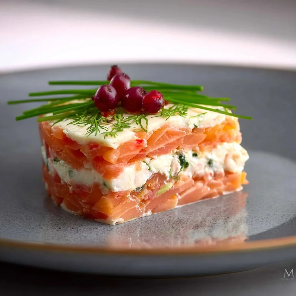 Mille-feuille de la mer avec garnitures de fruits de mer élégantes