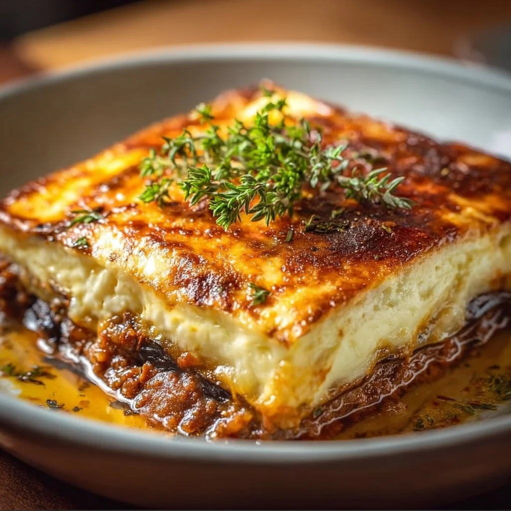 Moussaka grecque traditionnelle servie dans un plat chaud