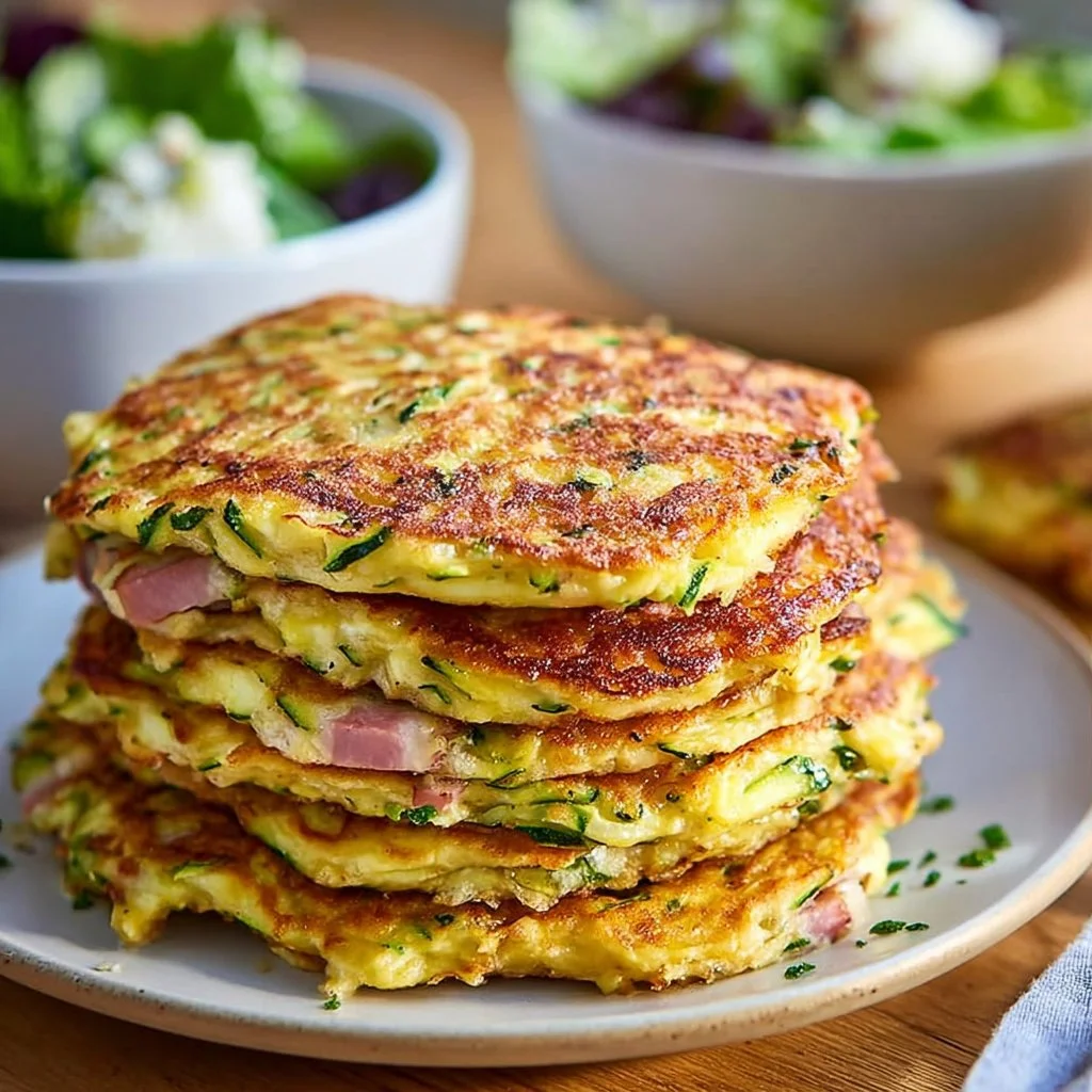 Pancakes aux courgettes farcis de fromage de chèvre et jambon