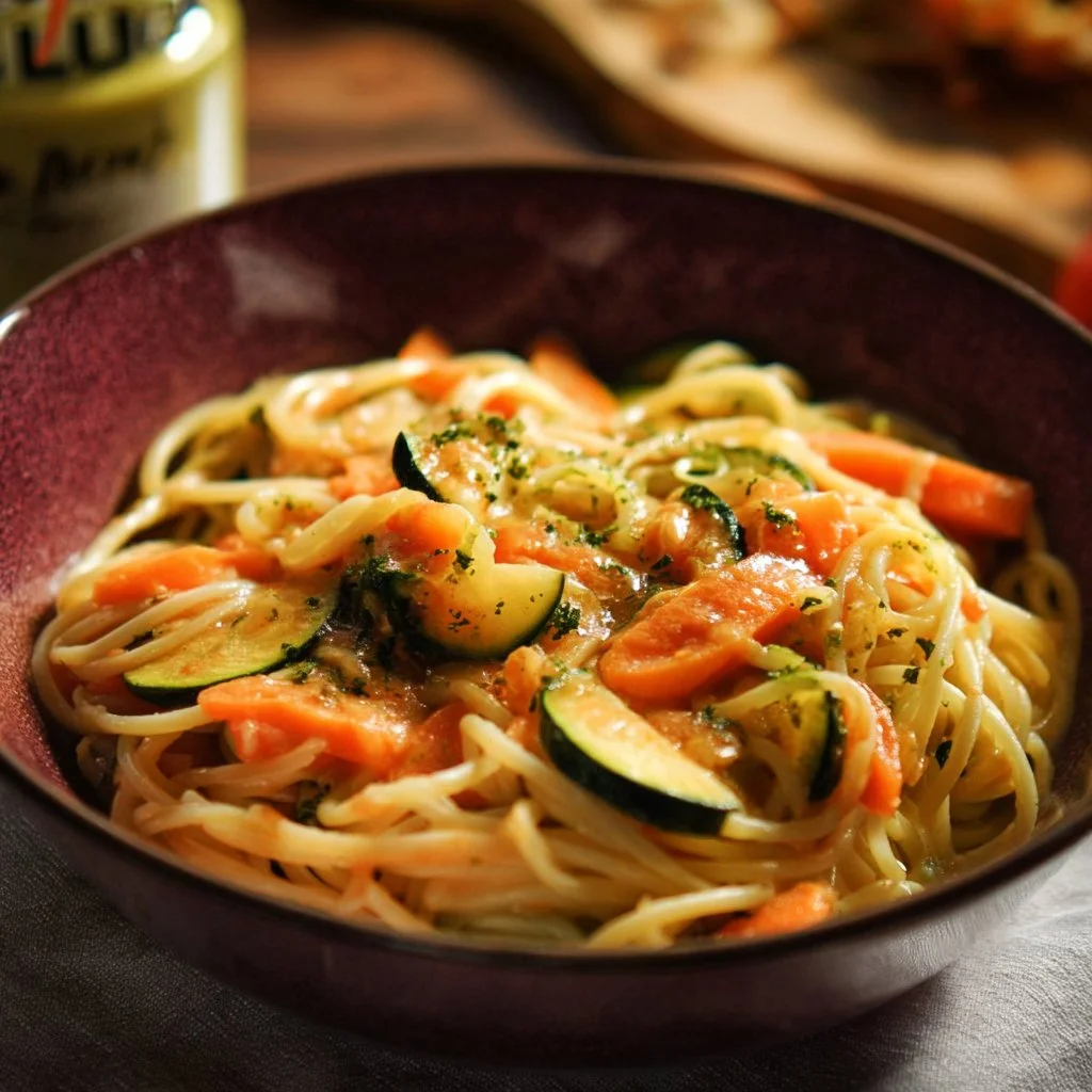 Pâtes aux légumes, lait de coco et curry dans une assiette colorée