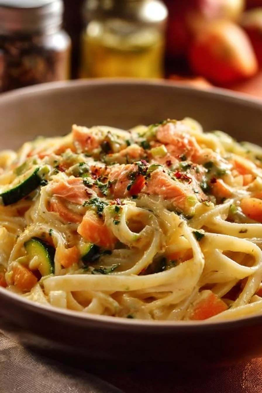 Pâtes aux légumes avec lait de coco et curry dans un plat coloré