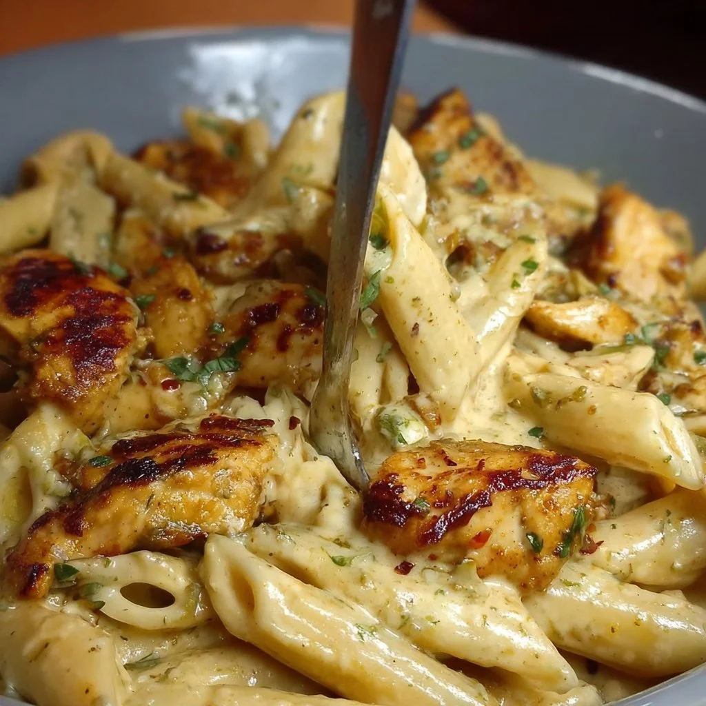 Plat de penne au poulet garni de légumes frais et de sauce crémeuse