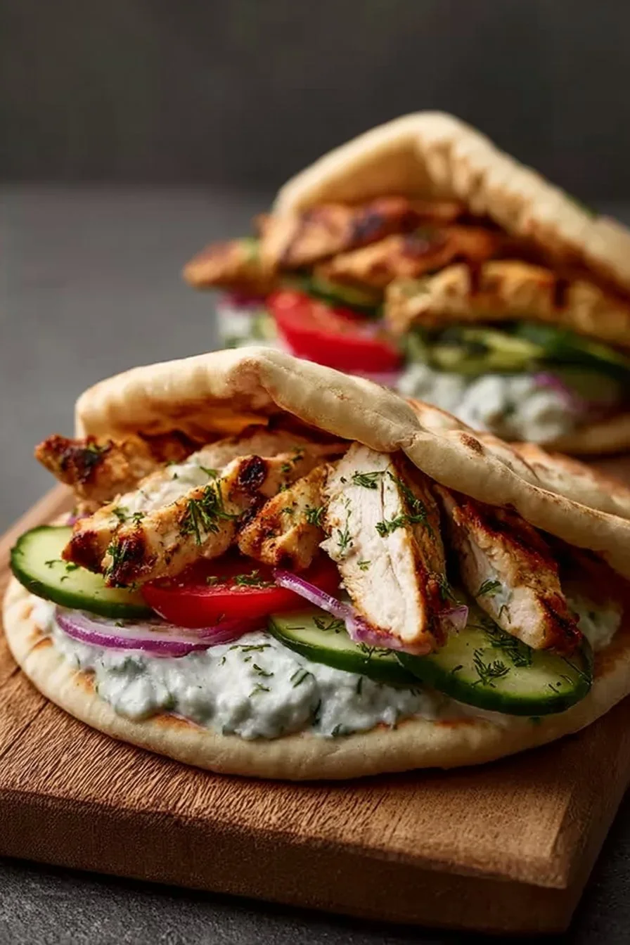 Pitas de poulet grec préparées à la mijoteuse avec garnitures fraîches.