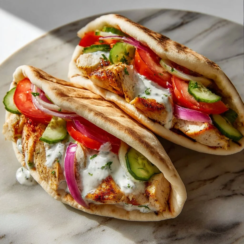 Pitas de poulet grec mijotées avec tzatziki sur une assiette
