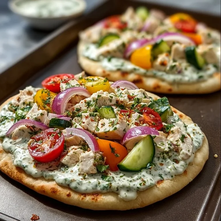 Pizza au poulet Tzatziki garnie de sauce tzatziki et d'ingrédients frais