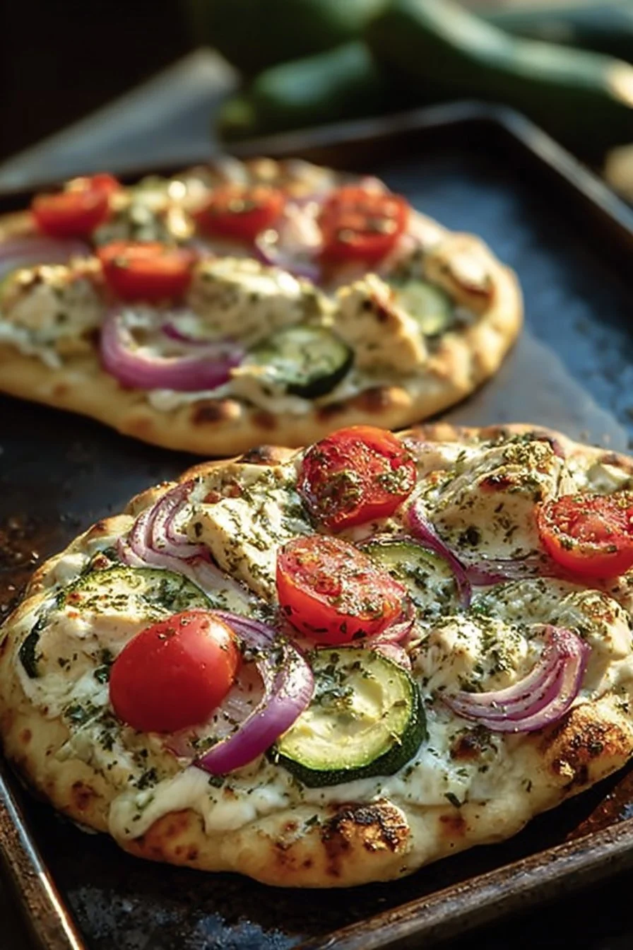 Pizza au poulet tzatziki garnie de sauce tzatziki et d'ingrédients frais
