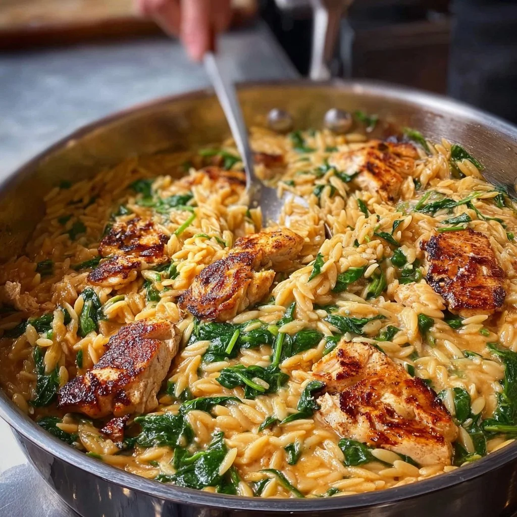 Plat crémeux de poulet orzo avec légumes frais dans une assiette