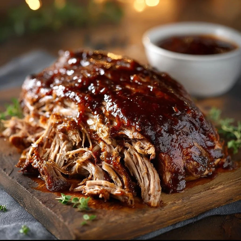 Recette de pulled pork avec sauce barbecue servie dans un plat