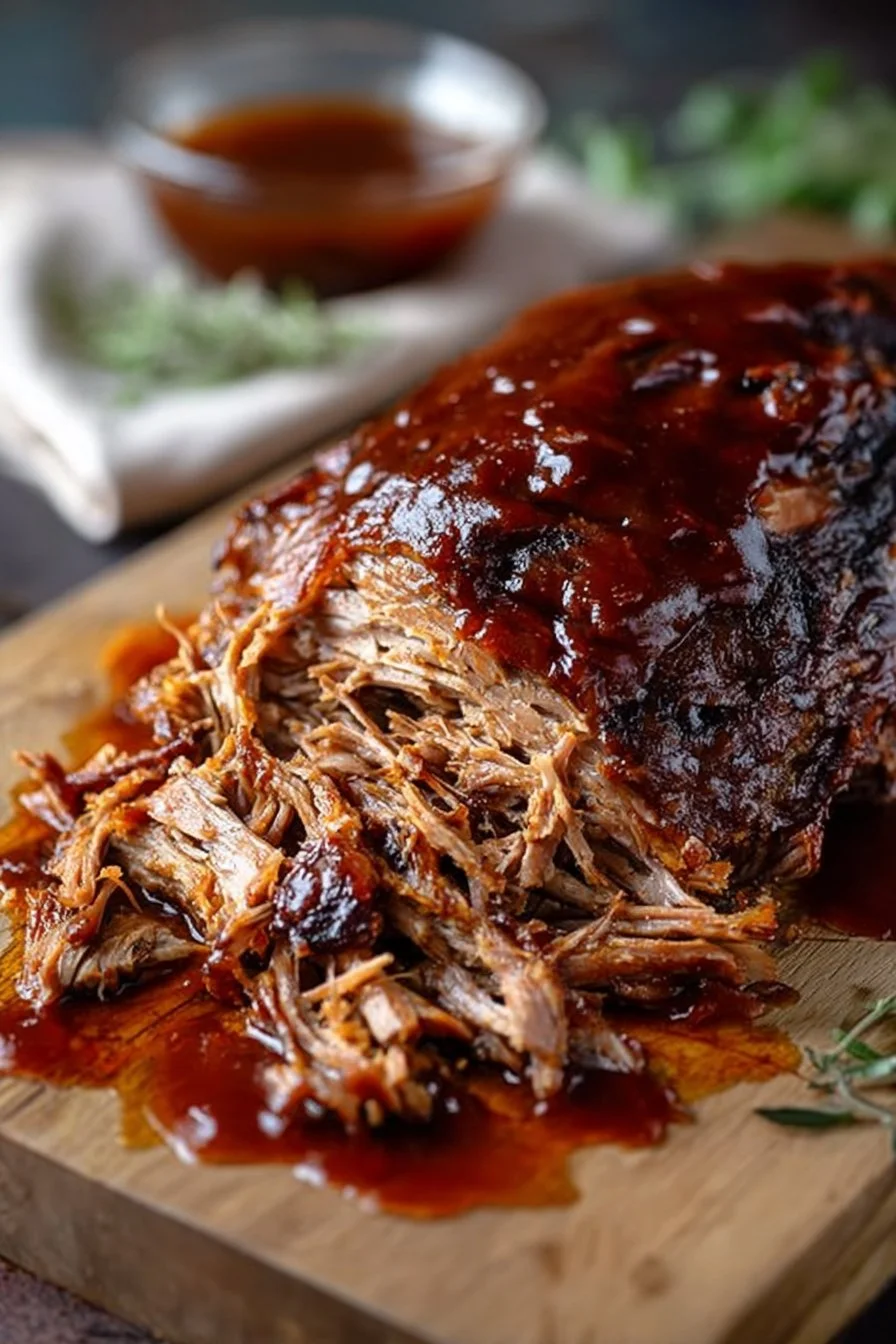 Pulled pork juteux accompagné de sauce barbecue savoureuse dans une assiette.