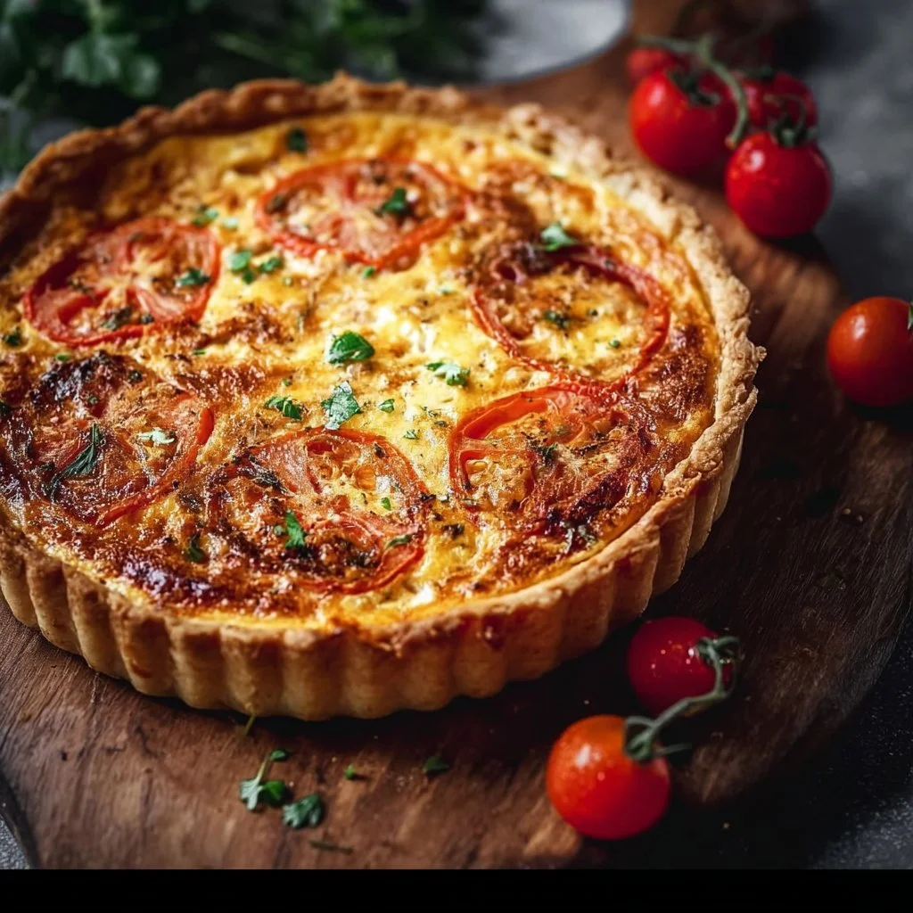 Quiche au thon et à la tomate, plat savoureux et coloré.