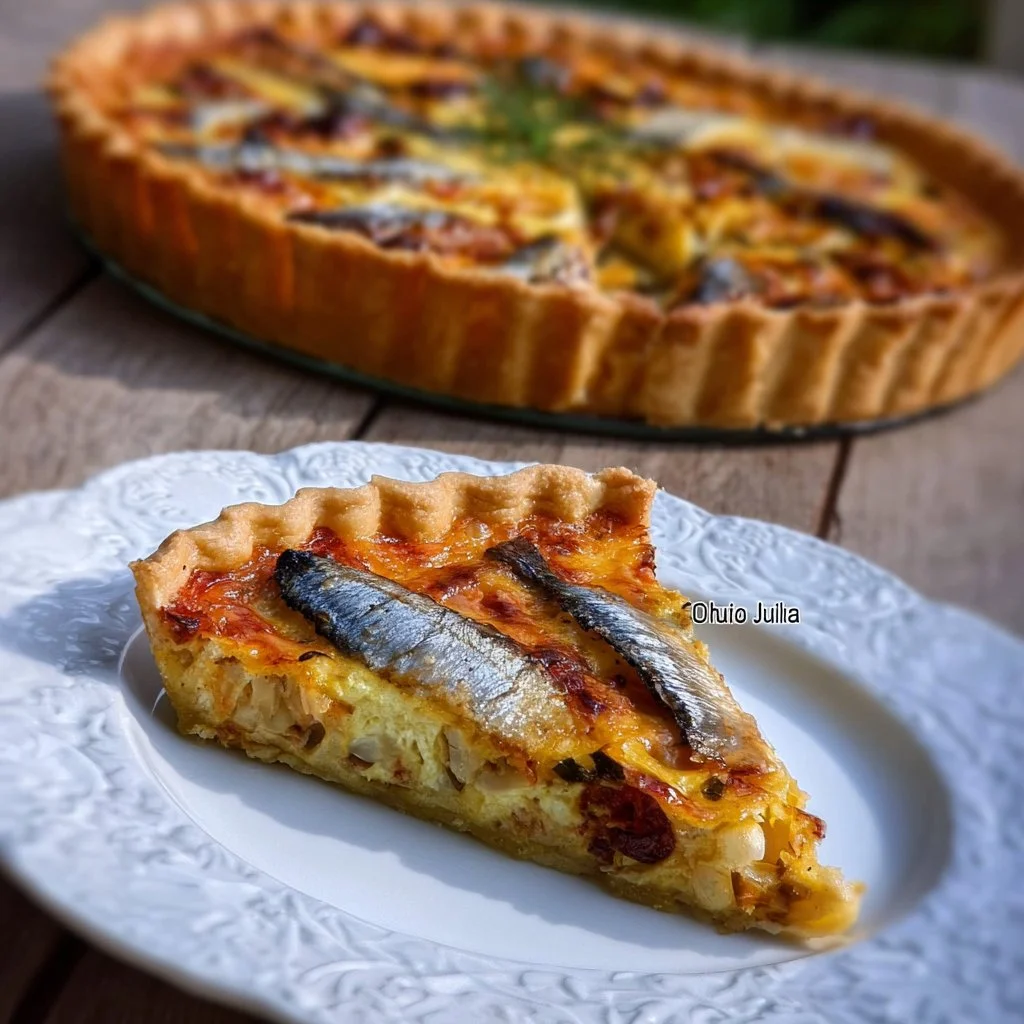 Quiche aux sardines et tomates cerises fraîchement cuite et savoureuse