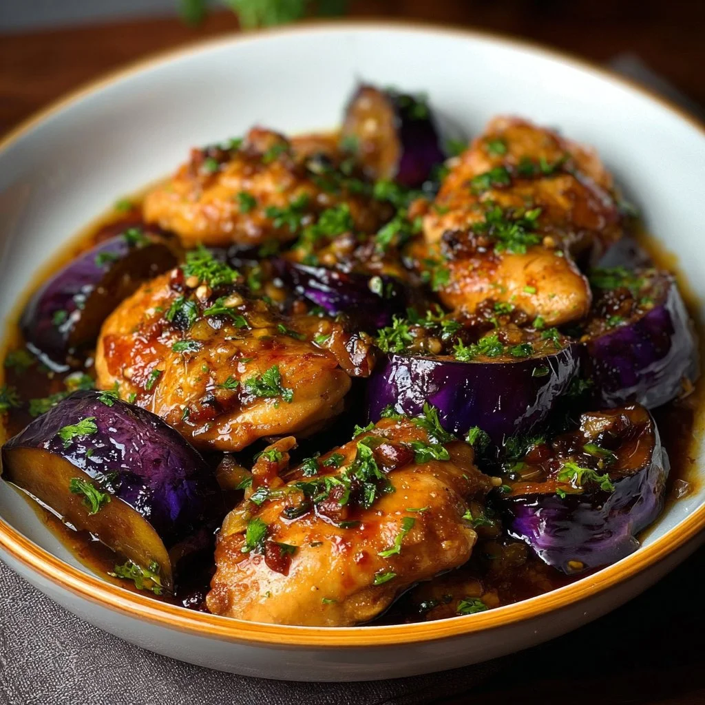 Ragoût de poulet aux aubergines dans une cocotte