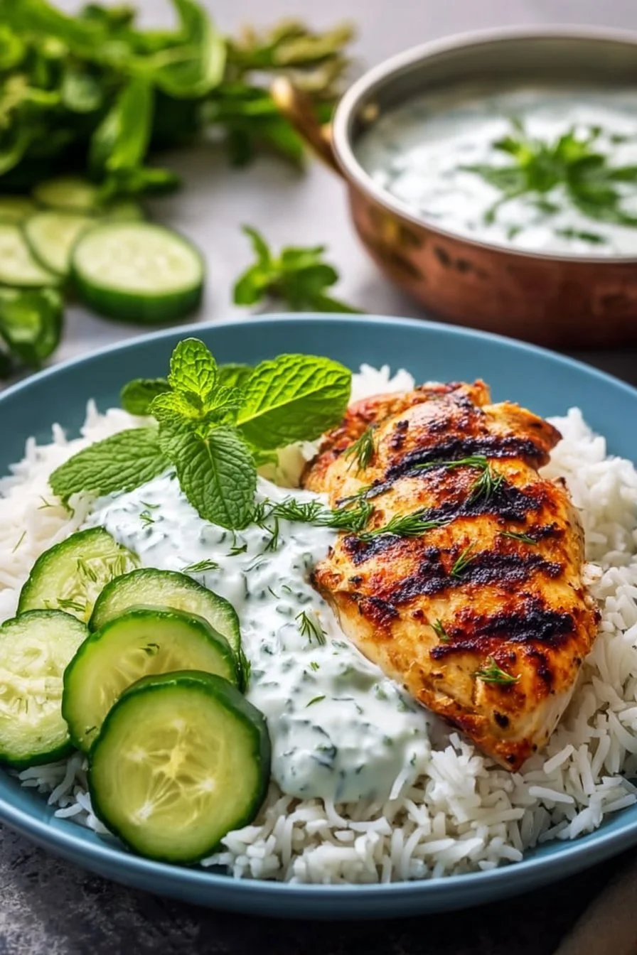 Plat de poulet tzatziki servi avec du riz savoureux