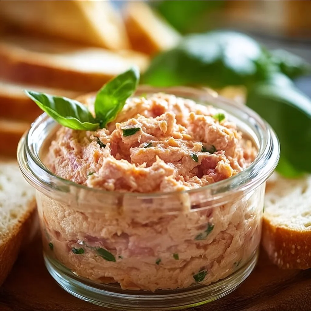 Rillettes de jambon maison avec herbes fraîches sur une tartine.