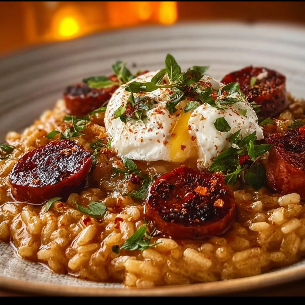 Plat de risotto au chorizo et burrata, crémeux et savoureux