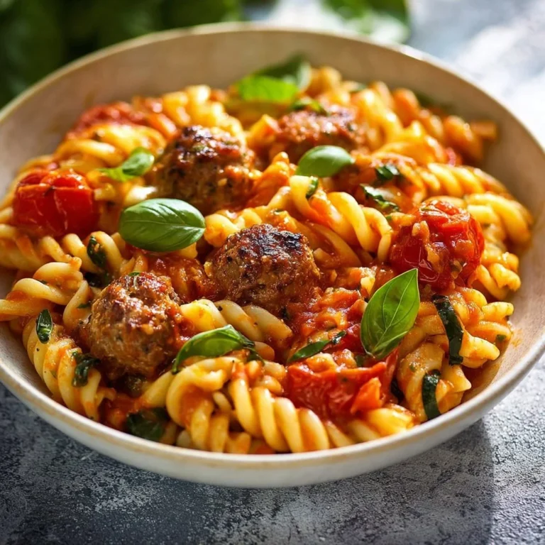Risotto de Pâtes aux Courgettes, Tomates et Boulettes Croustillantes dans une assiette