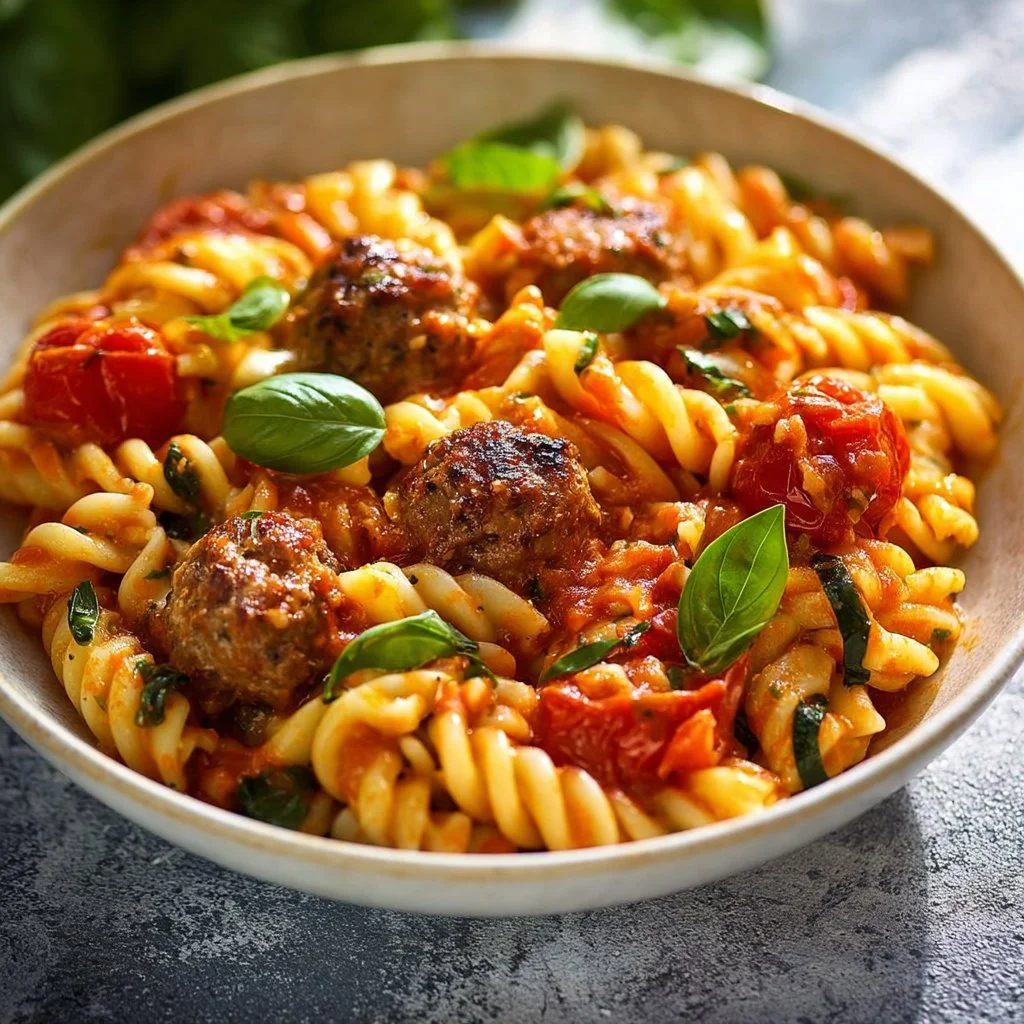 Risotto de Pâtes aux Courgettes, Tomates et Boulettes Croustillantes dans une assiette