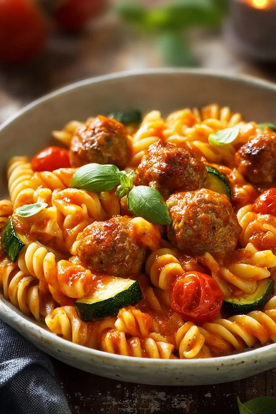 Risotto de Pâtes aux Courgettes, Tomates et Boulettes Croustillantes dans une assiette