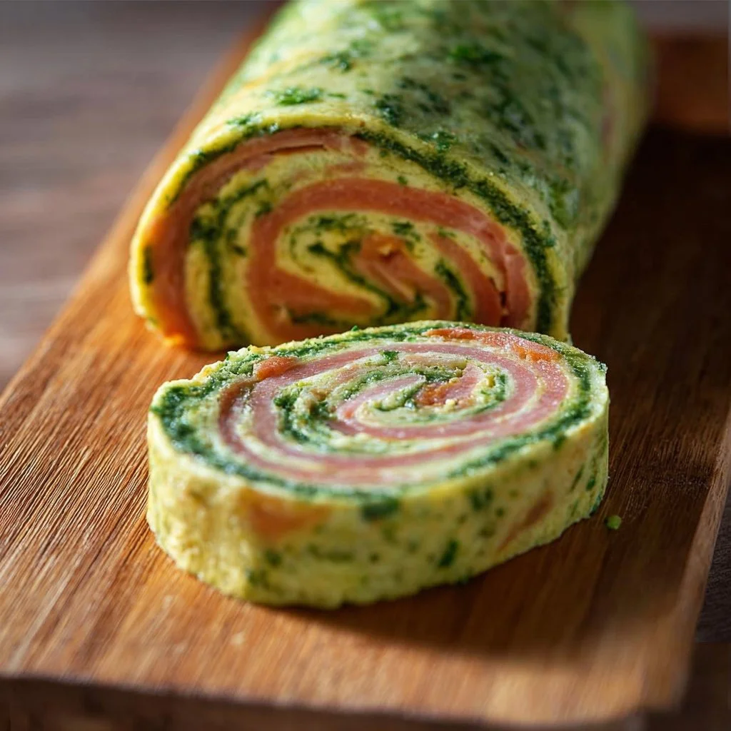 Roulé de génoise aux courgettes sur une assiette, garniture verte et appétissante