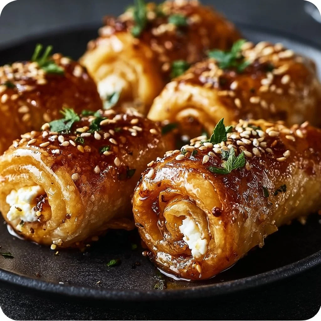 Roulés de Feta Croustillants au Miel Épicé, garnis et dorés à la perfection.