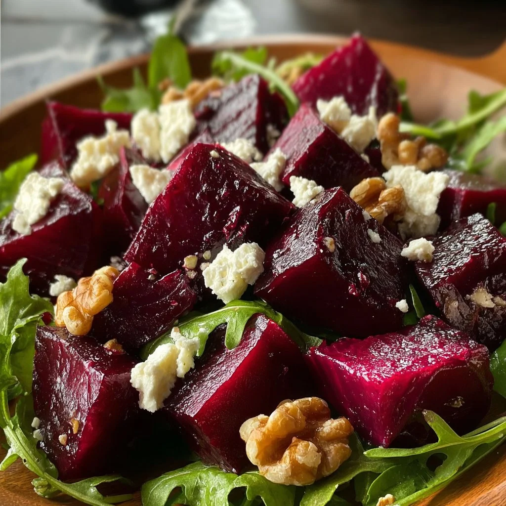 Salade de betteraves et noix, mélange coloré et sain dans un bol.