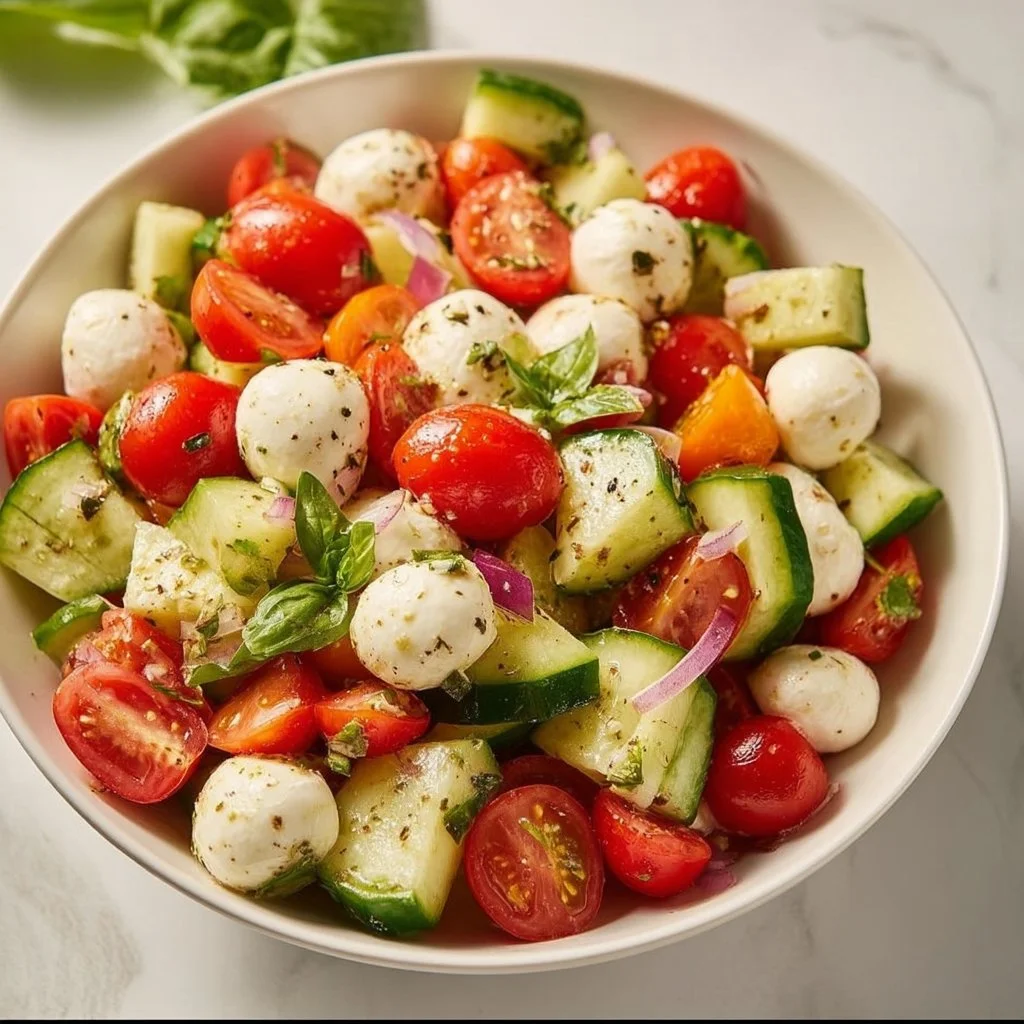 Salade Caprese au concombre avec tomates, mozzarella et basilic frais