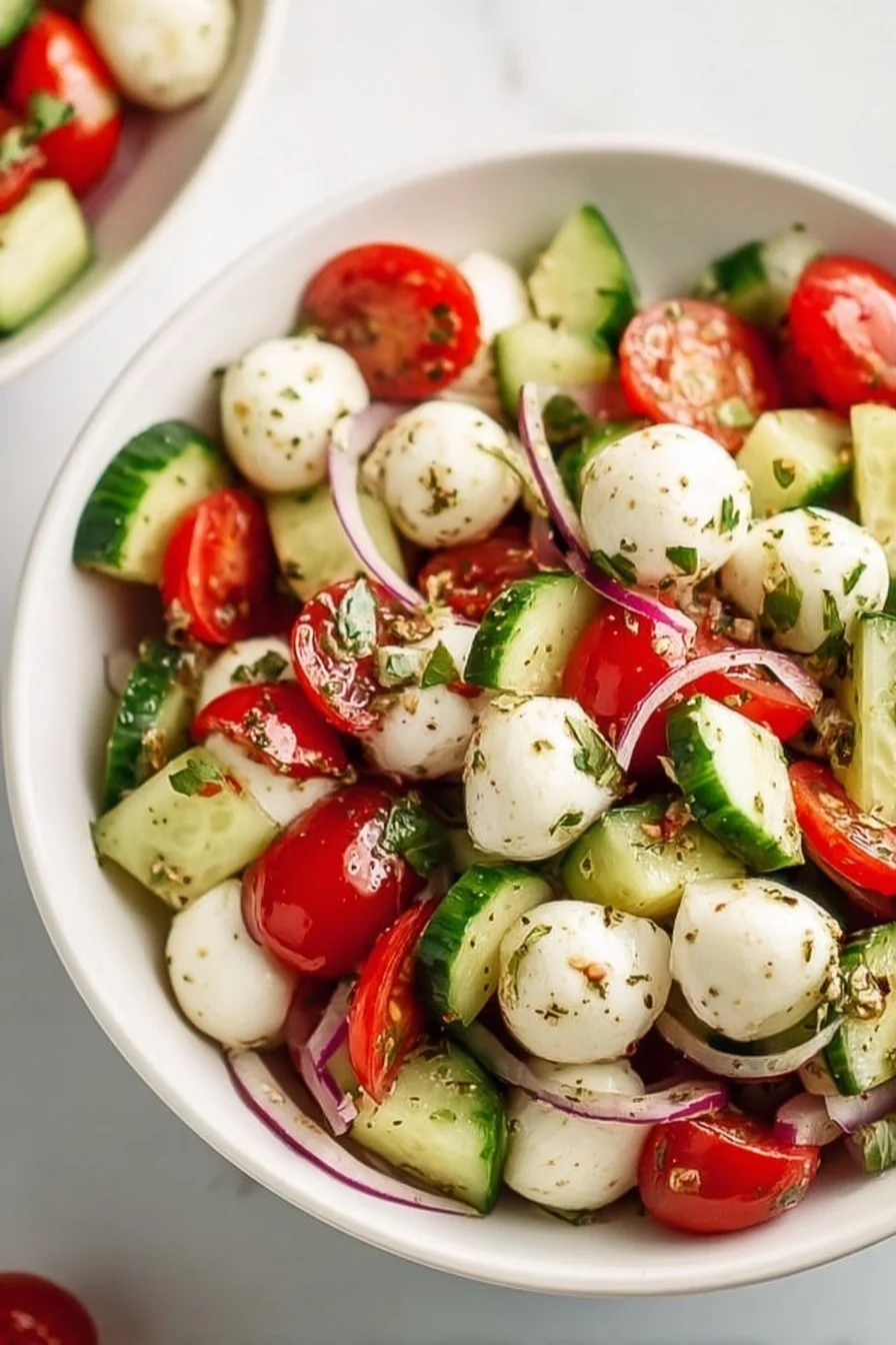 Salade Caprese de Concombre avec tomates, mozzarella et basilic