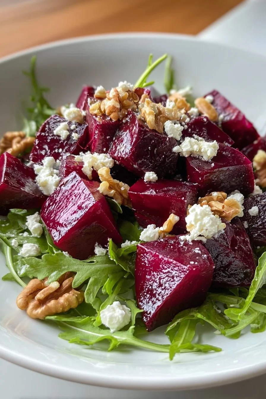 Salade de betteraves et noix servie avec vinaigrette