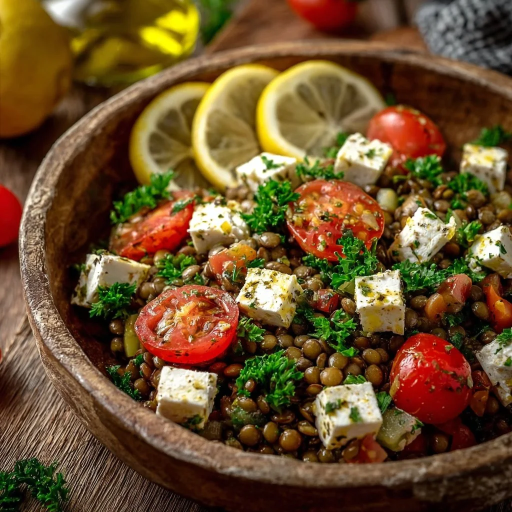 Salade de lentilles avec feta marinée, accompagnée de légumes frais