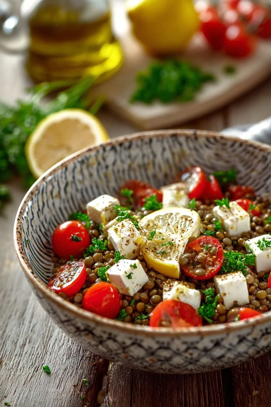 Salade de lentilles avec feta marinée, légumes frais et assaisonnement
