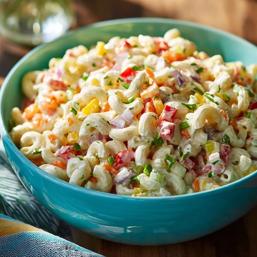 Salade de macaroni d'été avec légumes frais et sauce crémeuse