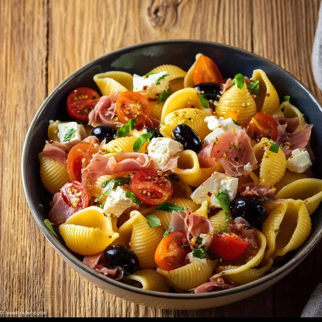 Salade de pâtes colorée avec légumes frais et vinaigrette maison