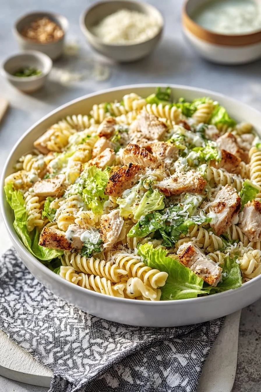 Salade de pâtes au poulet César garnie de légumes frais et sauce crémeuse