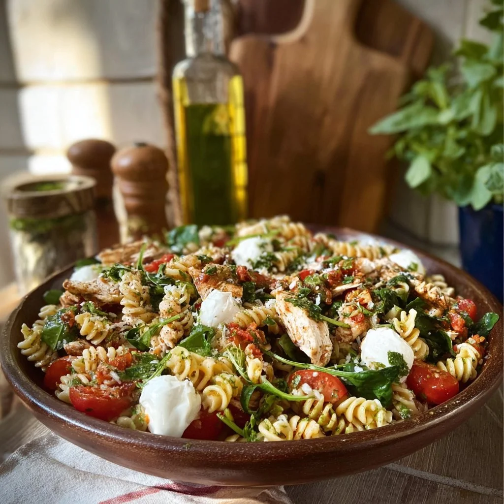 Salade de pâtes au poulet et au pesto garnie d'herbes fraîches.