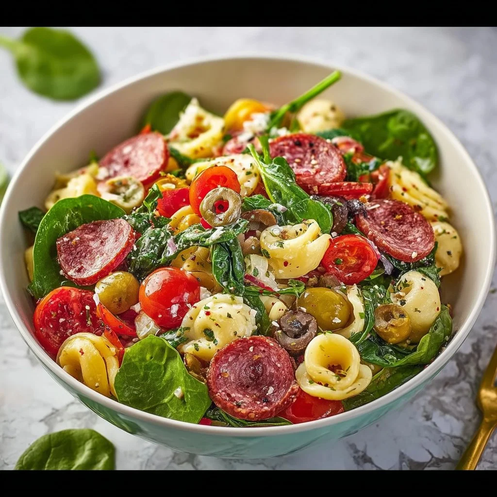 Salade de pâtes aux tortellinis avec légumes frais et vinaigrette