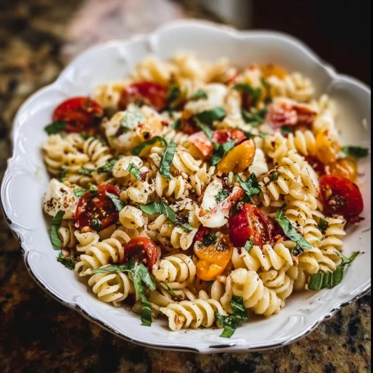 Salade de pâtes bruschetta froide avec tomates, basilic et mozzarella