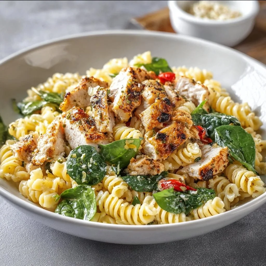 Salade de pâtes César au poulet servir dans un bol avec ingrédients frais