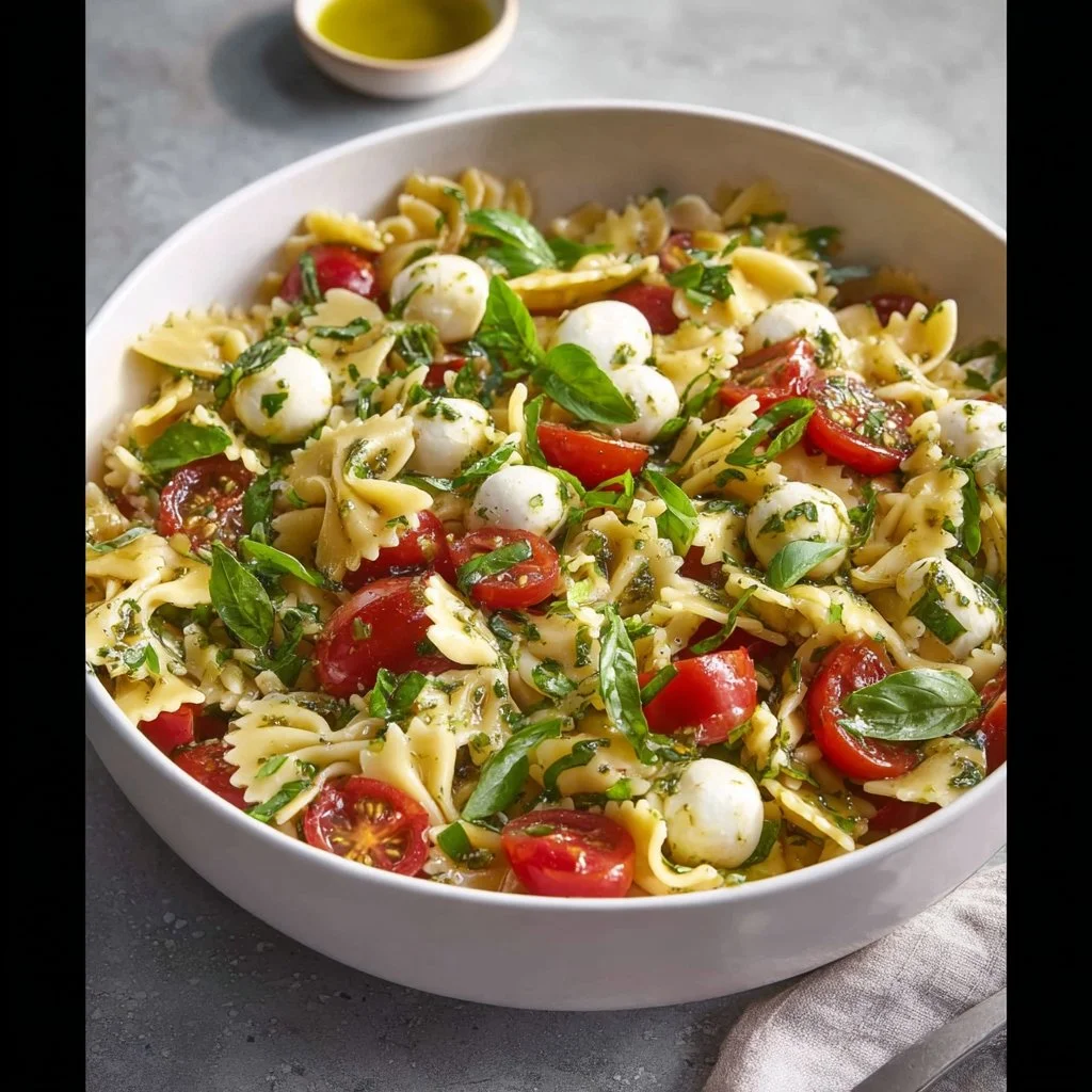 Salade de pâtes en nœud papillon avec légumes frais et vinaigrette légère