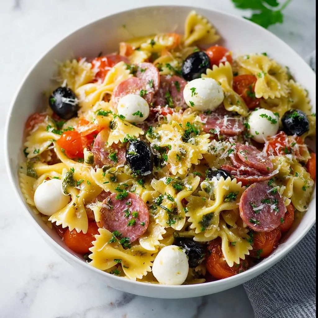 Salade de pâtes italienne fraîche avec légumes colorés et herbes aromatiques.