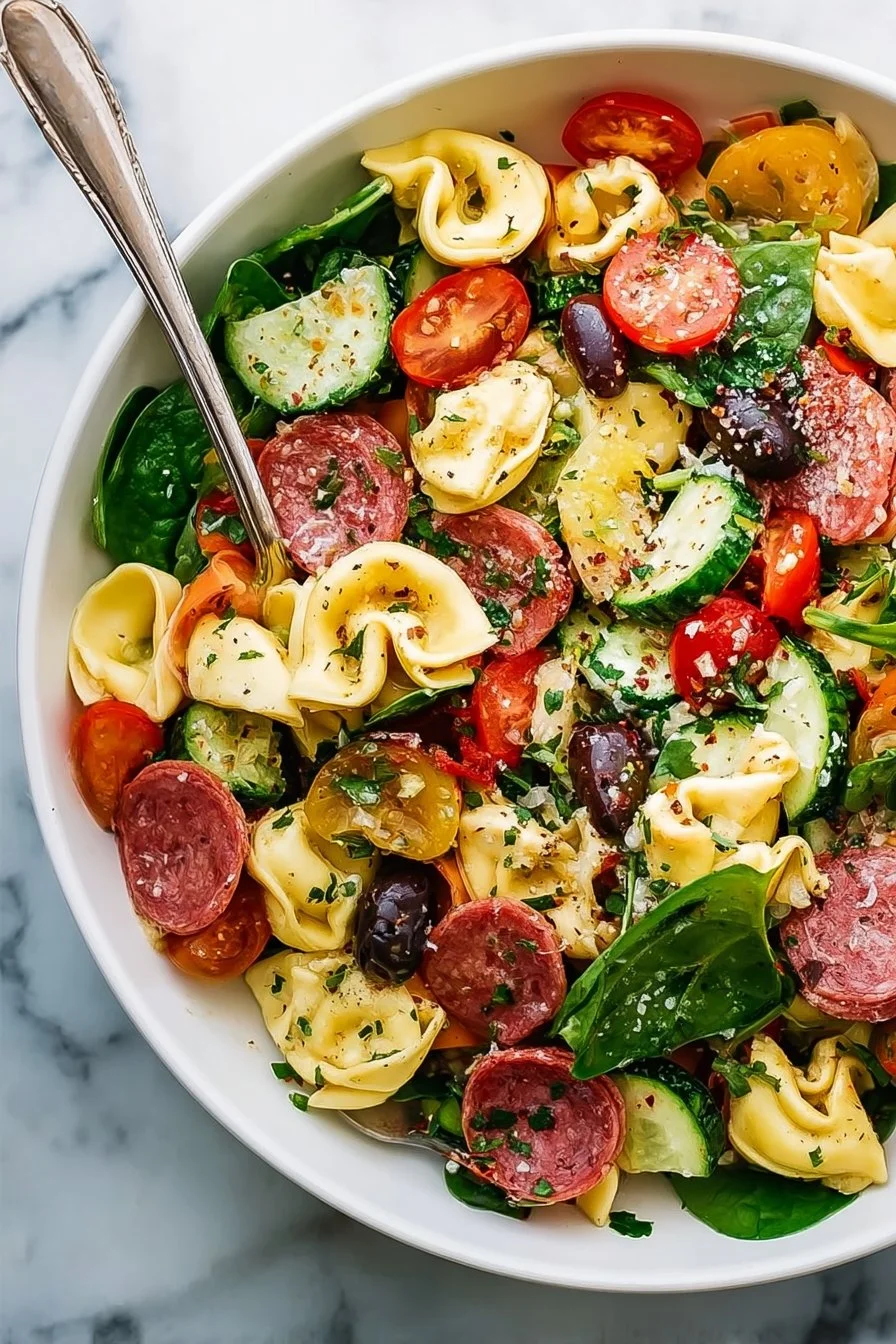 Salade de pâtes tortellini garnie de légumes frais et de vinaigrette.
