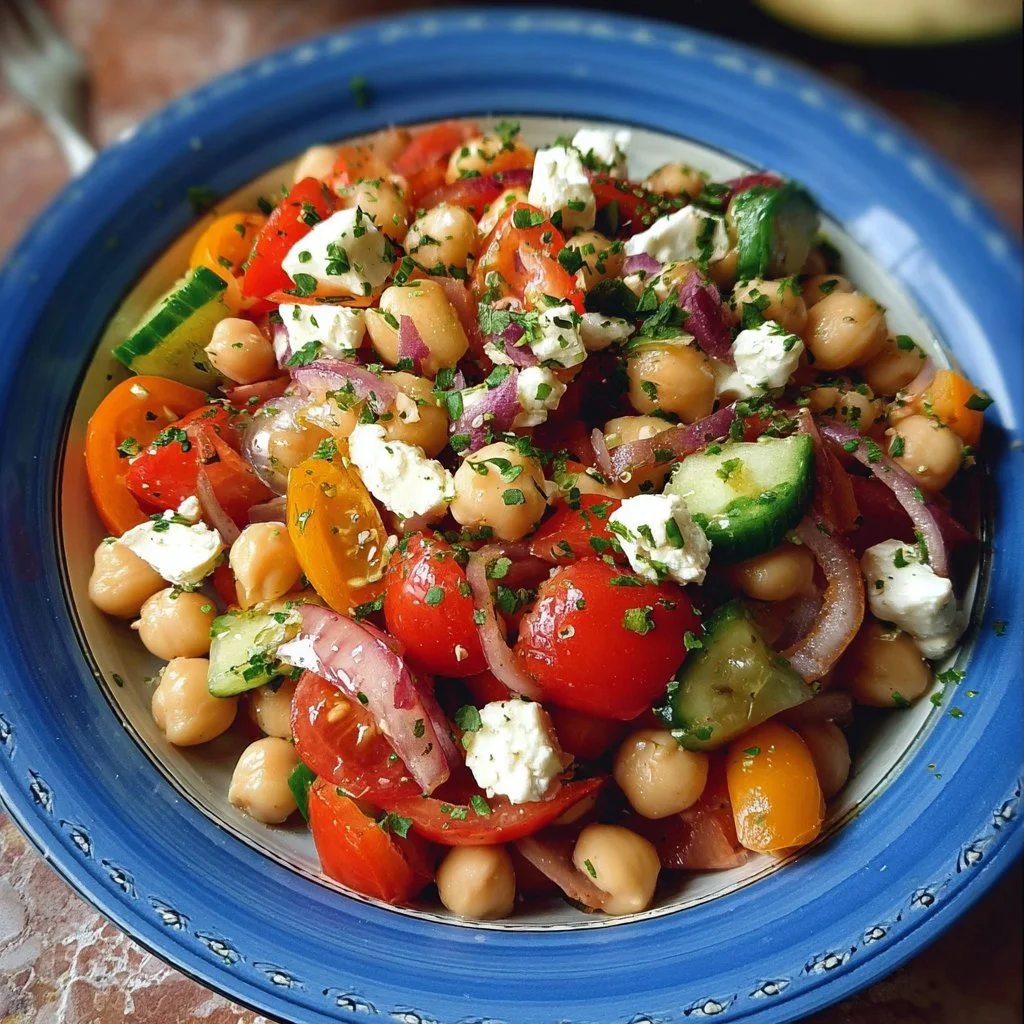Salade de pois chiches à la grecque avec légumes frais