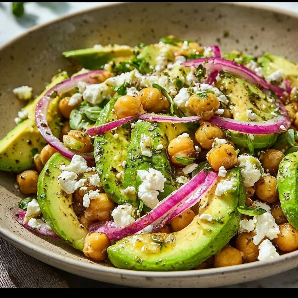 Salade de pois chiches à l'avocat et feta dans un bol coloré