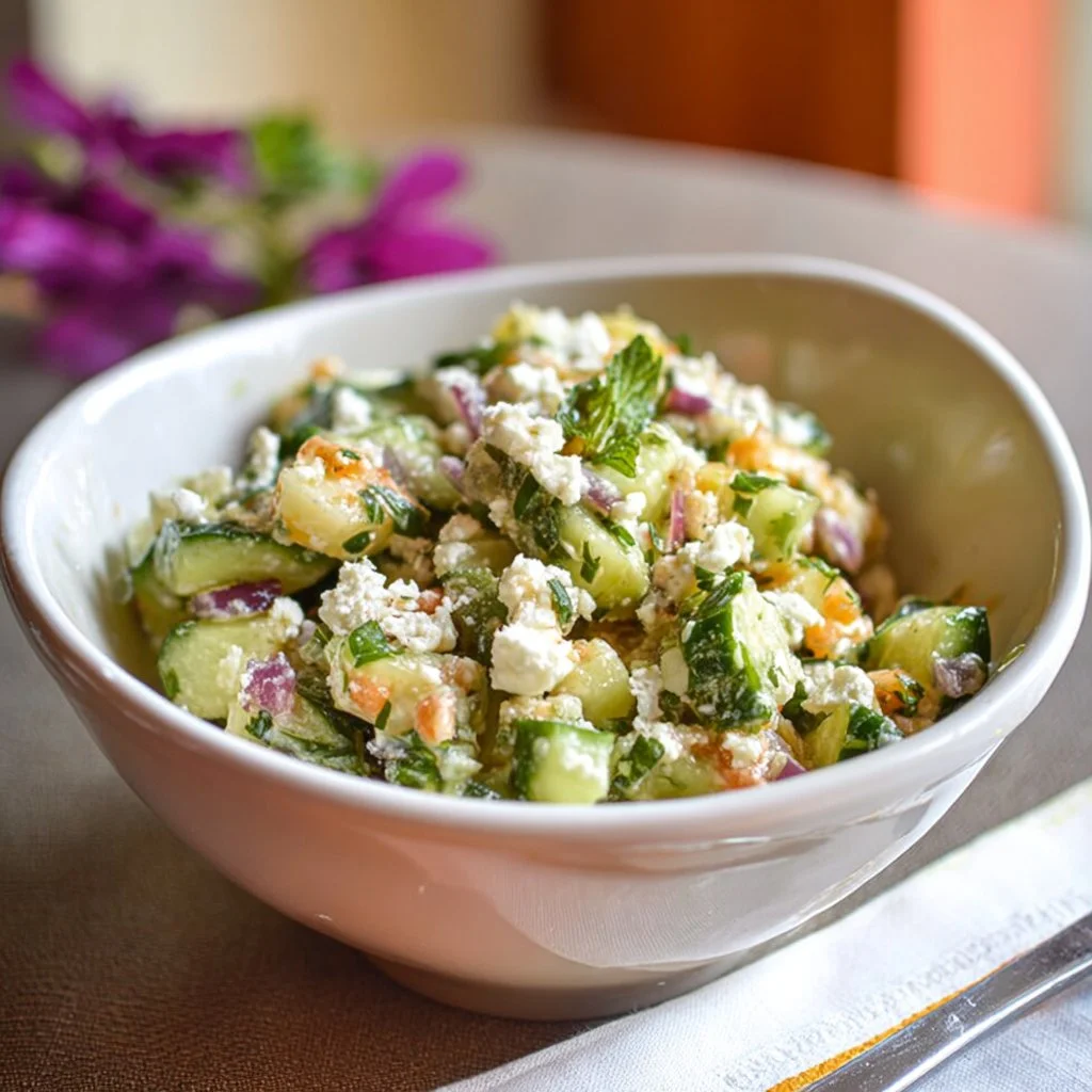 Salade de pois chiches, concombre et feta garnie d'herbes fraîches