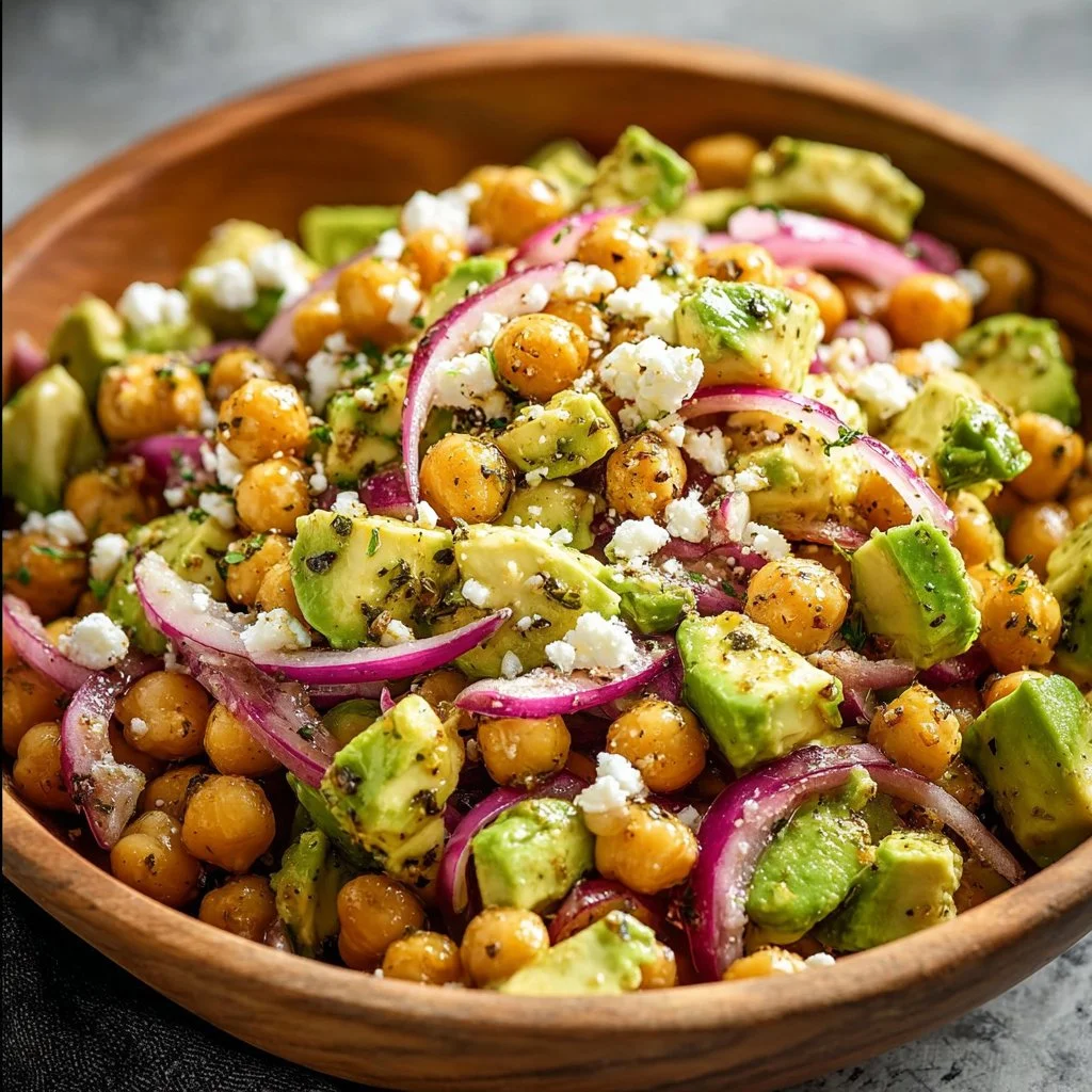 Salade de pois chiches avec feta et avocat, prête à déguster